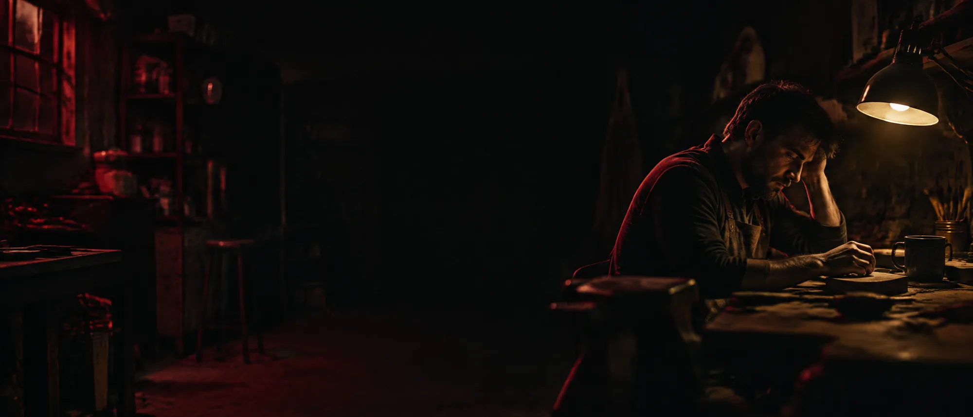 A small business owner working alone at his bench after hours under a single work lamp.